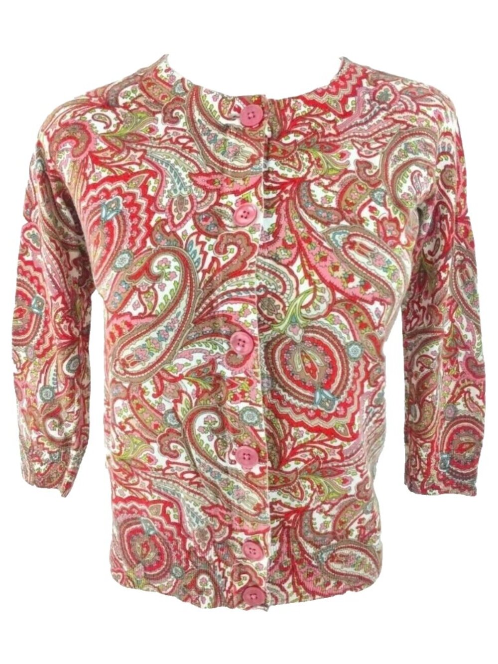 Talbots Paisley Cardigan Sweater Size XS - 3/4 Sleeves EUC Coral Rayon/Cotton